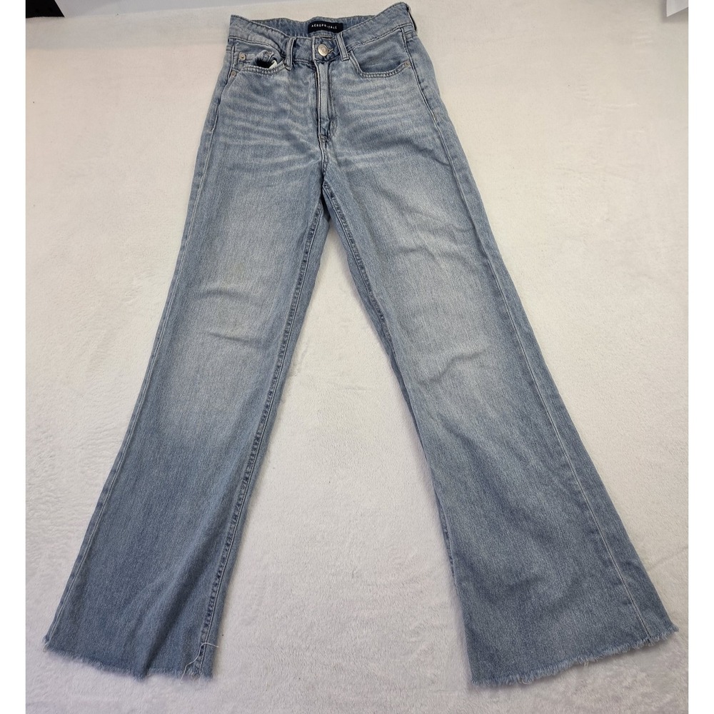Aeropostale High Rise Wide Leg Jeans Womens 2 Regular Light Wash Raw Hem Y2K